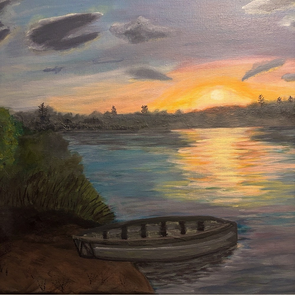Original acrylic painting on canvas with river boat and sunset evening scene
